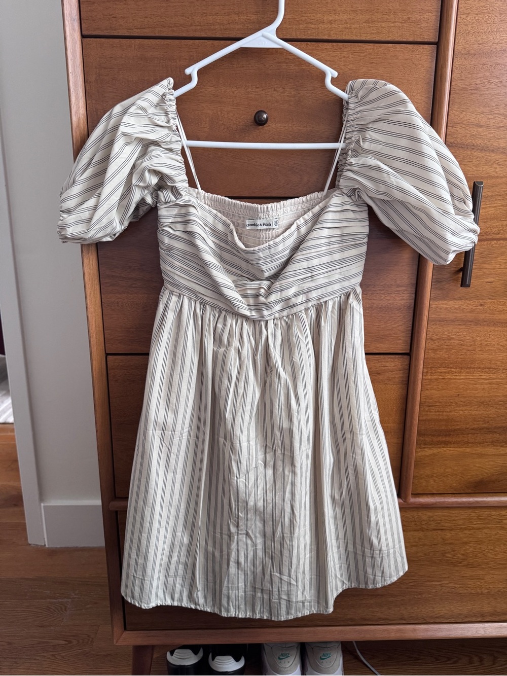 Abercrombie & Fitch Cream and Blue Striped Puff-Sleeve Skort Mini Dress